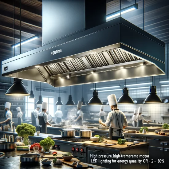 DALL·E 2023 11 17 15.53.36 A modern commercial kitchen featuring a prominent cooker hood system. The hood is 3000mm long set in a bustling kitchen environment. Its equipped wi 550x550.png